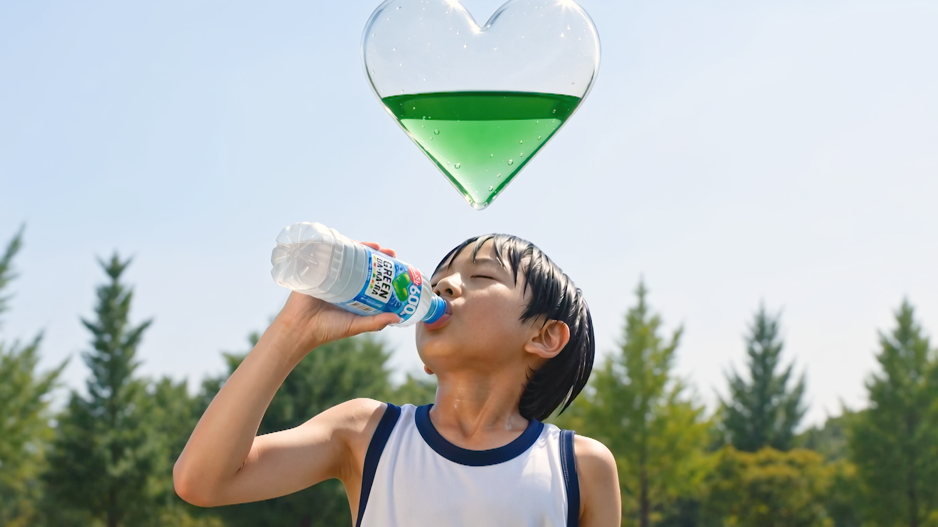 Generated commercial frame of a child drinking GREEN DA・KA・RA beneath the brand's green heart motif