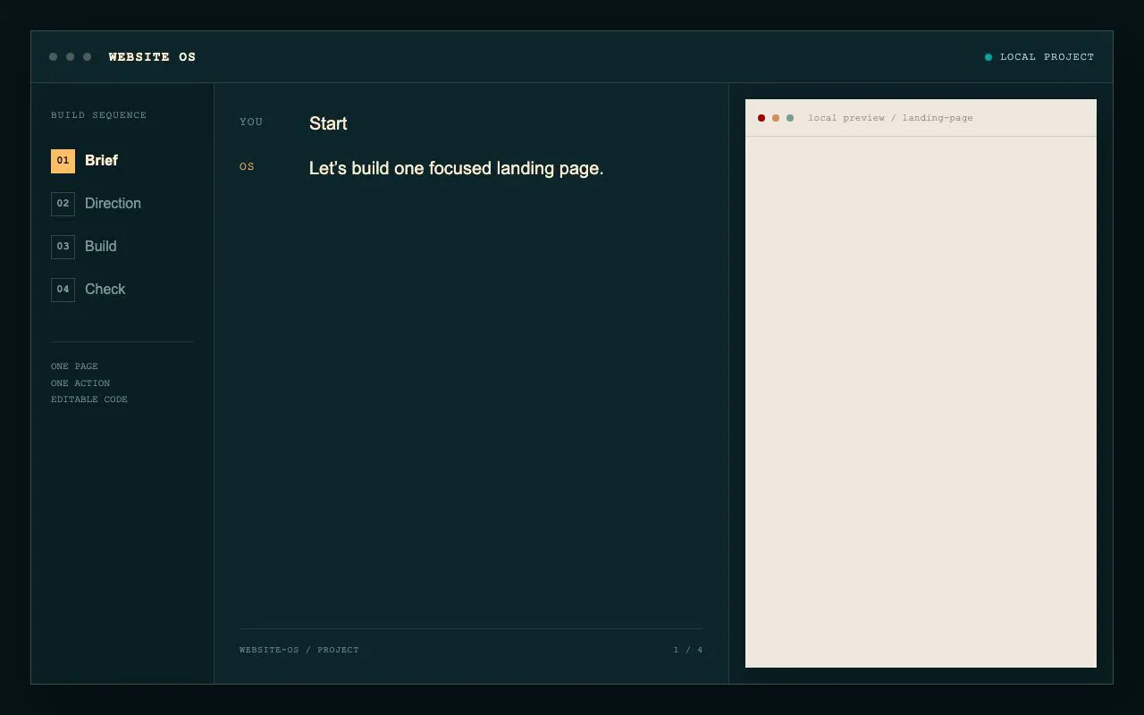 Website OS brief stage open in a local project before the landing page has been built