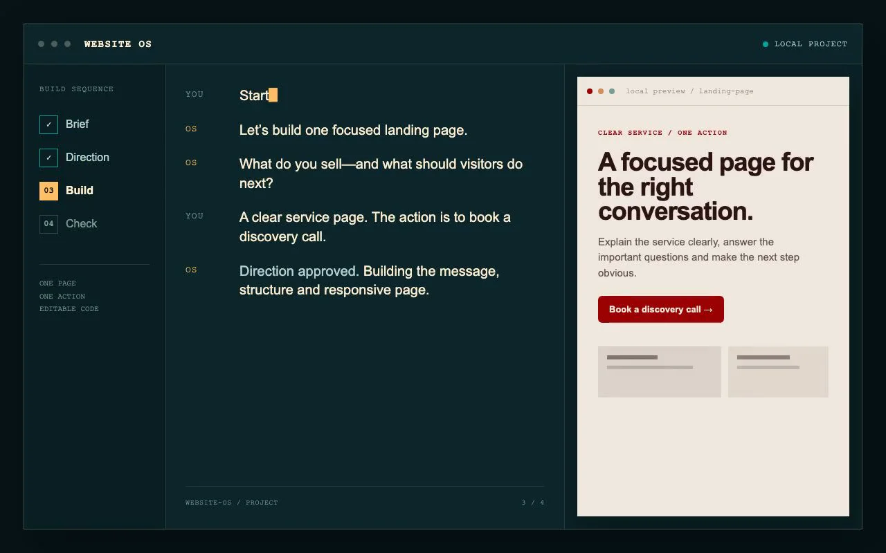 Website OS build stage showing an approved service message becoming a responsive landing page