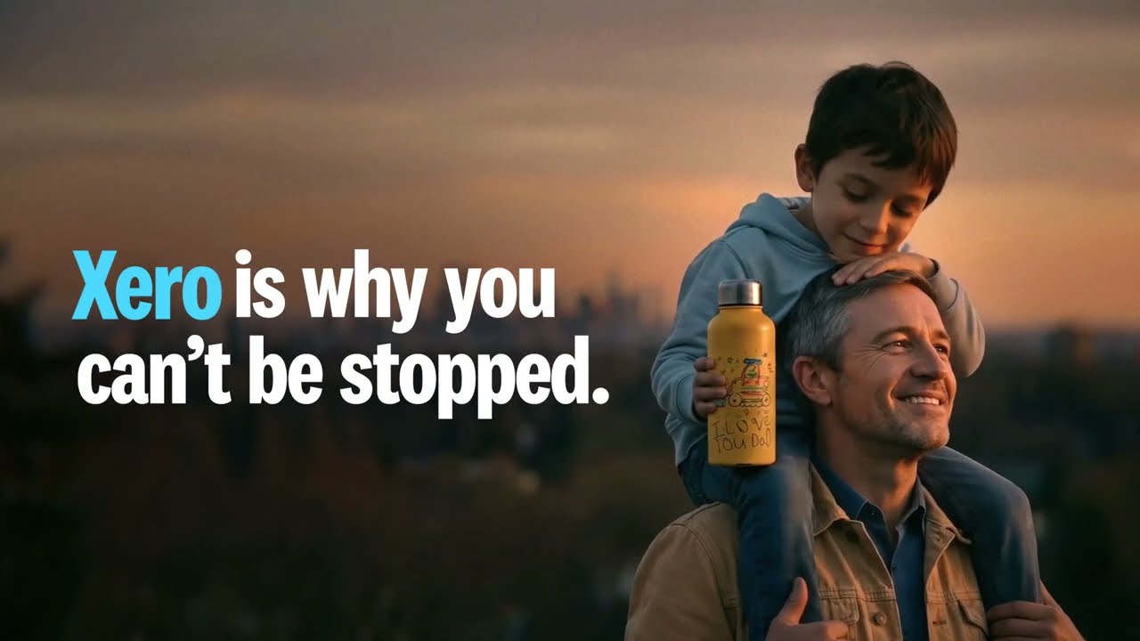 Father carrying his son at sunset beside Xero campaign typography