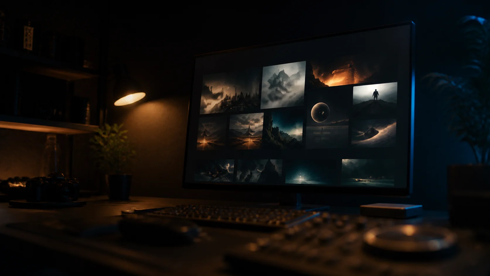 A cinematic image-generation suite with visual variations on a large monitor