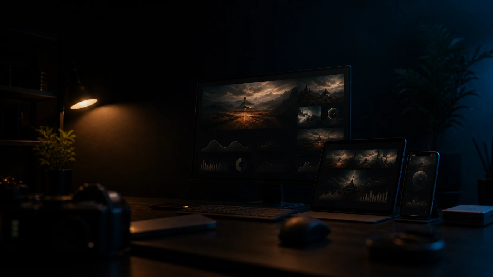 A dark publishing studio with image-led screens and abstract audience analytics