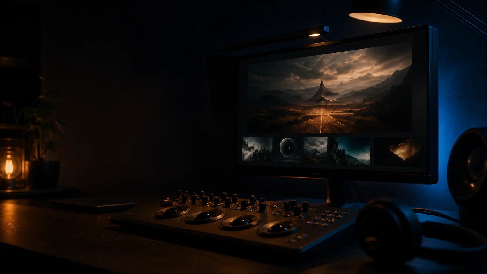 A dark colour-review suite with a grading monitor and control surface