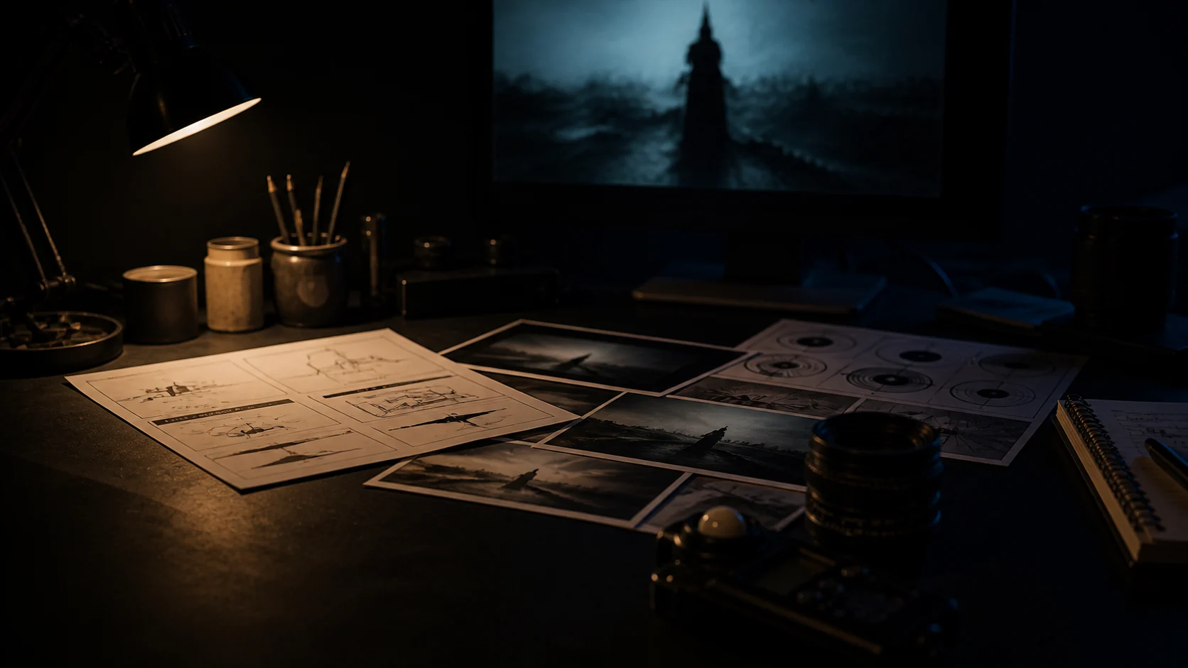 A film preparation desk with shot diagrams, visual references, and a cinema lens