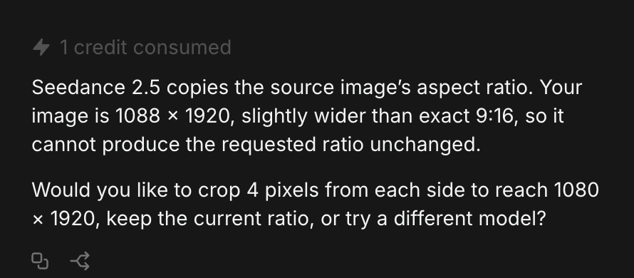 Actual Copilot message: Seedance 2.5 copies the source image’s aspect ratio; offers to crop 4 pixels from each side of 1088 × 1920 to make exact 9:16
