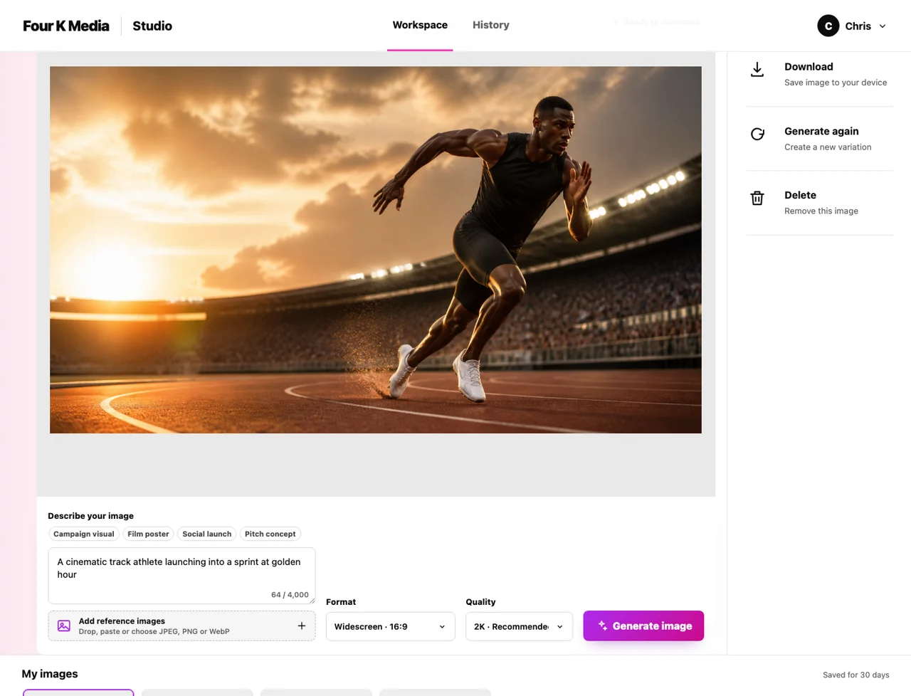 FourK Media’s image engine interface showing a sample image in its local demo workspace