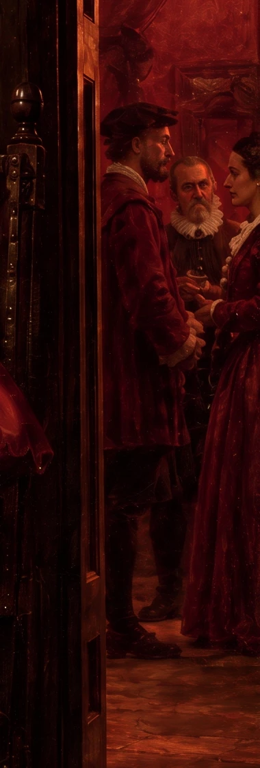Detail of the courtiers visible through the doorway in the AI portrait interpretation