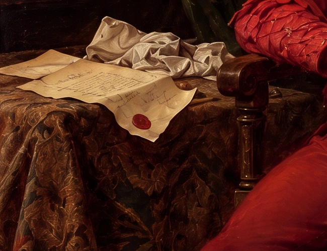 Detail of the papers and desk in the AI portrait interpretation of Stańczyk
