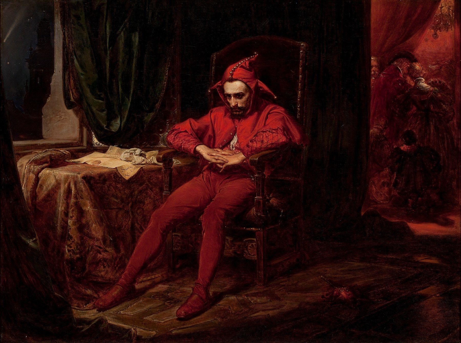 Matejko’s original Stańczyk: a solitary jester in red sits in the foreground while a royal ball continues in the adjoining room