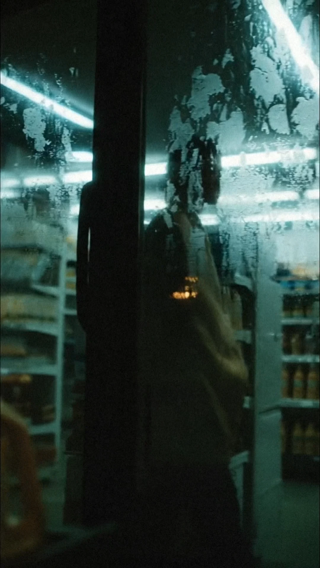 A shadowy figure reflected in misted supermarket freezer glass.