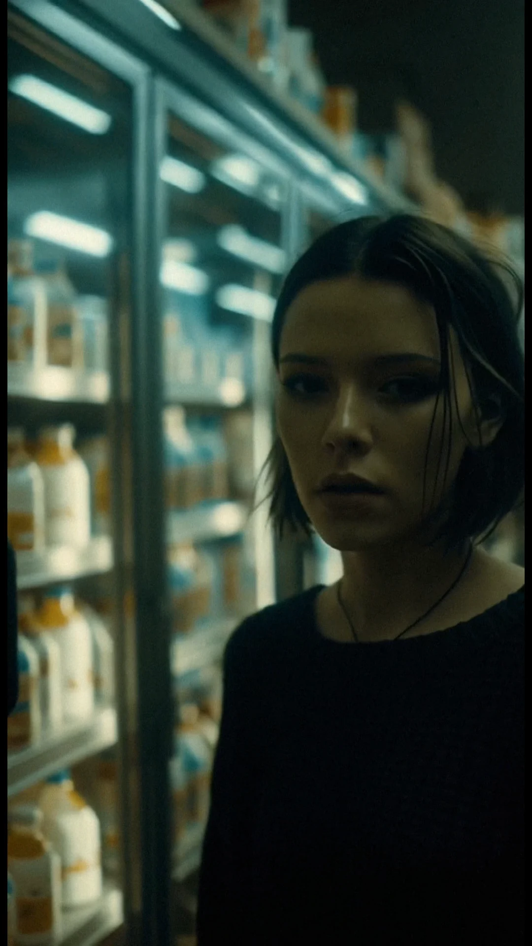 A woman in black looks back along a chilled supermarket aisle.