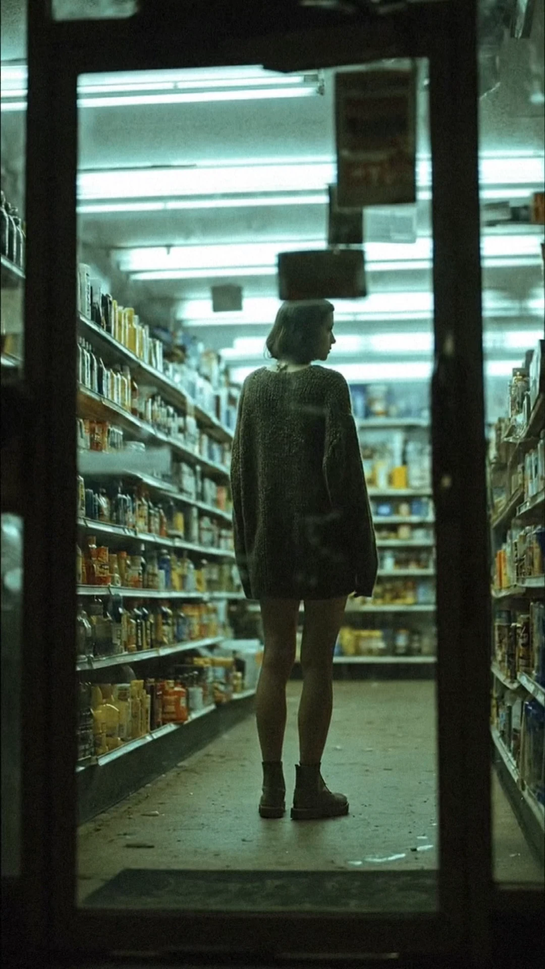 A woman seen from behind through the supermarket entrance.