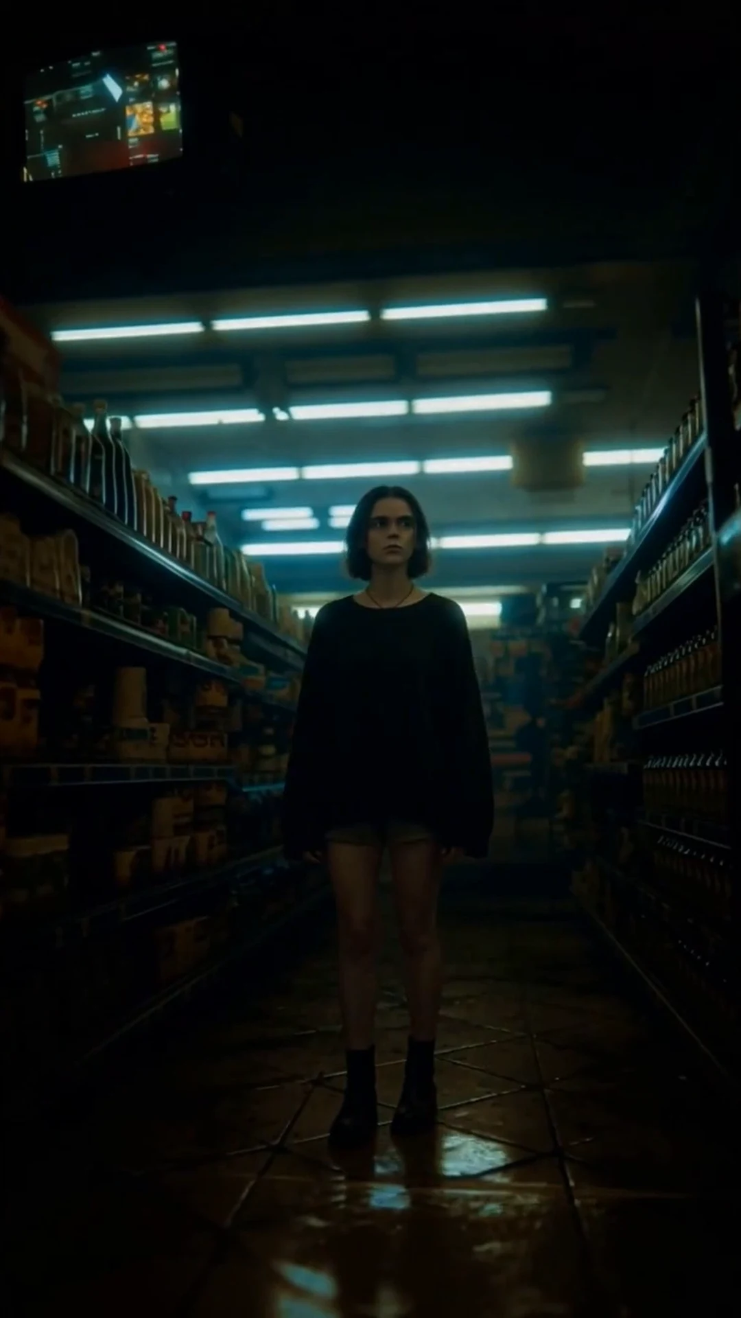 A woman stands in a fluorescent-lit supermarket aisle beneath a security monitor.