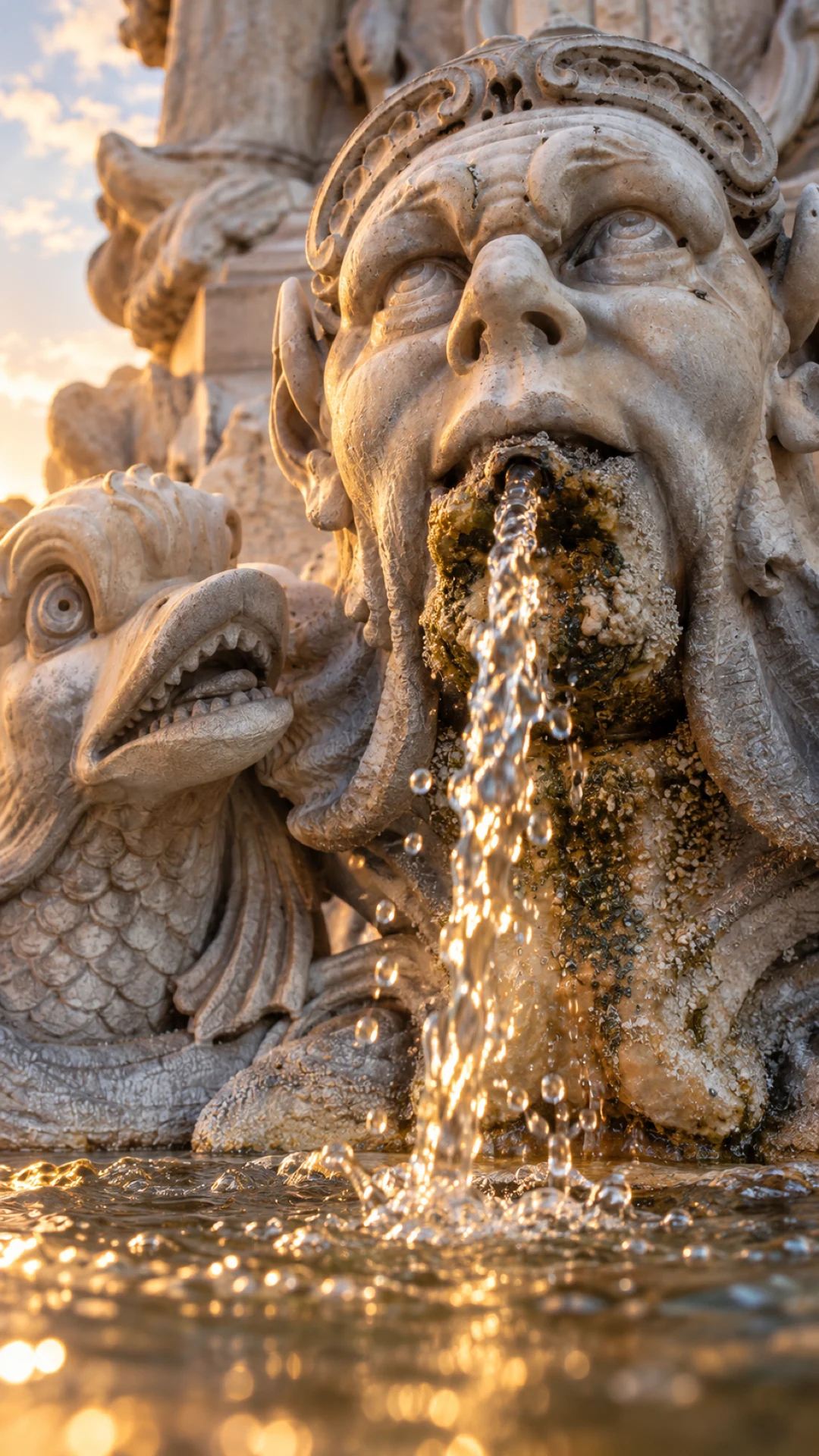 Photoreal AI reference close-up of carved stone and running water at the Pantheon fountain