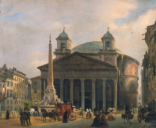 Ippolito Caffi’s original view of Piazza del Pantheon, with people in the square and the two historic bell towers