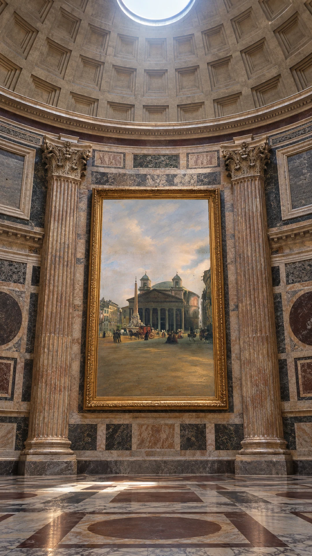 The portrait extension of Caffi’s real painting in a gilt frame, fictionally placed on a marble wall inside the Pantheon
