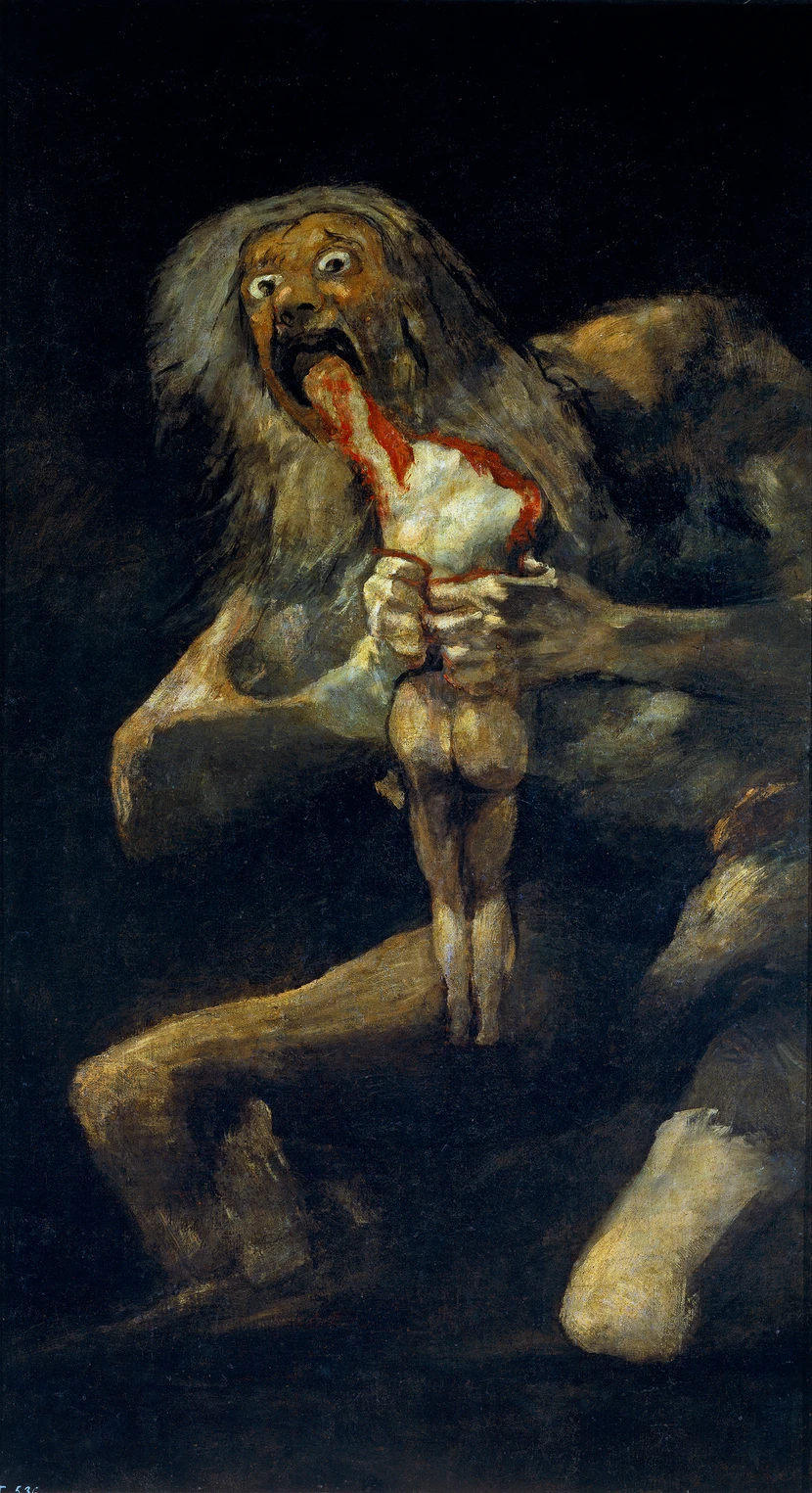 Goya’s original Saturn: a pale figure with wide eyes and clenched hands emerging from a dark background