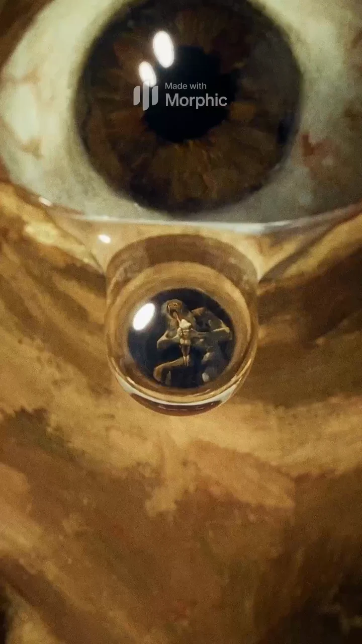 A frame from the film showing a tear hanging beneath Saturn’s lower eyelid, with the eye above it
